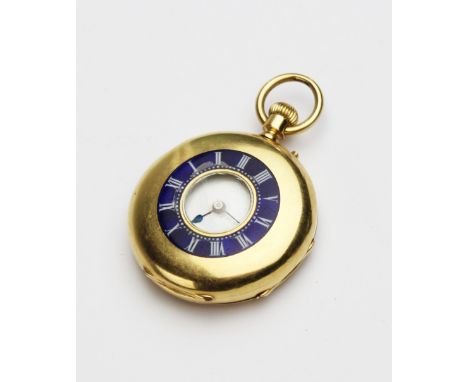 A Continental 18ct gold half hunter fob watch, the round white enamel dial with Roman numerals, set to an 18ct gold case, the