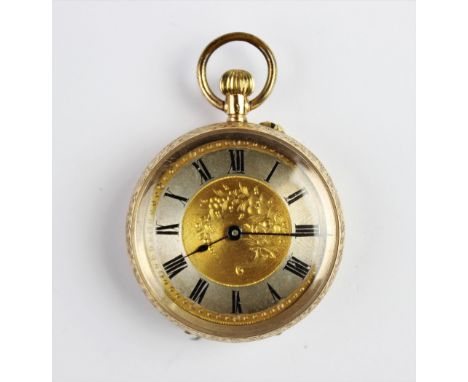 An early 20th century 14ct gold fob watch, the round gold toned dial with Roman numerals and engraved floral decoration, set 