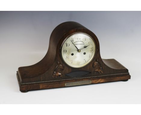 An oak cased mantel clock, circa 1930, by P. Orr & Sons Ltd, Madras & Rangoon, the 16cm silvered dial applied with Arabic num