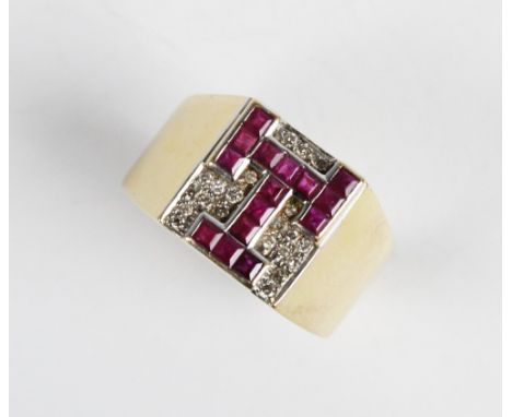 MASONIC INTEREST: A diamond and ruby 18ct gold triple tau chapter ring, the square crown embossed with triple tau symbol set 