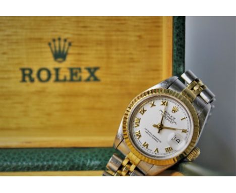 A ladies bi-metal stainless steel Rolex Oyster Perpetual Date-just wristwatch, the circular white dial with raised gold toned