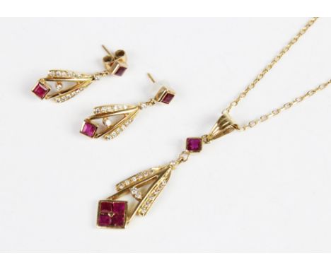 A ruby and diamond pendant and earring suite, the pendant comprising five square step cut rubies and fourteen round mixed cut