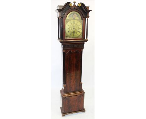 A George III mahogany eight day longcase clock, signed Samuel Dutton, Wavertree, the 33cm diameter break arch brass dial with