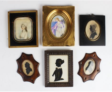A half length silhouette miniature of a young lady, 19th century, facing dexter with bronzed highlights, in chip carved glaze