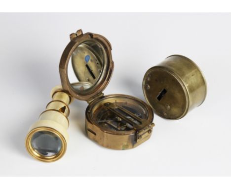 A lacquered brass pocket sextant by Troughton & Simms of London, within leather case, with a Victorian Ivory clad monocular b