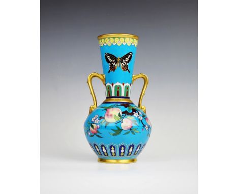 A Mintons 'Cloisonné' Aesthetic Movement vase in the manner of Dr Christopher Dresser, date stamp for 1883, the twin handled 