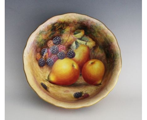 A Royal Worcester footed bowl, mid 20th century, hand decorated by Harry Ayrton with autumn fruits to the interior and exteri