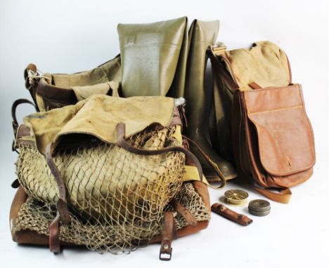 A collection of four assorted vintage angling bags and fishing equipment, leather and canvas, along with a further leather po