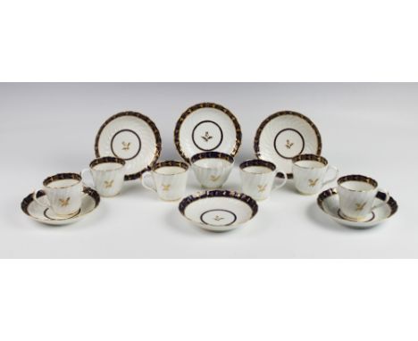 A set of six Worcester, Flight Barr and Barr porcelain coffee cups and saucers, late 18th century, each of wrythen form with 