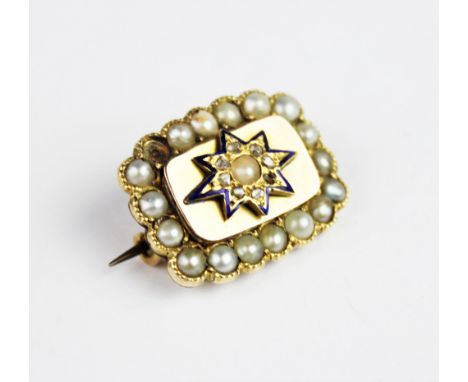 A 19th century diamond, pearl and enamel memorial brooch, the central starburst comprising a half pearl and eight single cut 