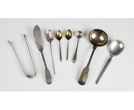 A selection of 18th century and later silver and white metal cutlery, to include a white metal mote spoon, of typical form wi