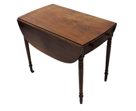 A mid 19th century mahogany Pembroke table, the single frieze drawer with later knob handles opposed by a faux drawer, raised