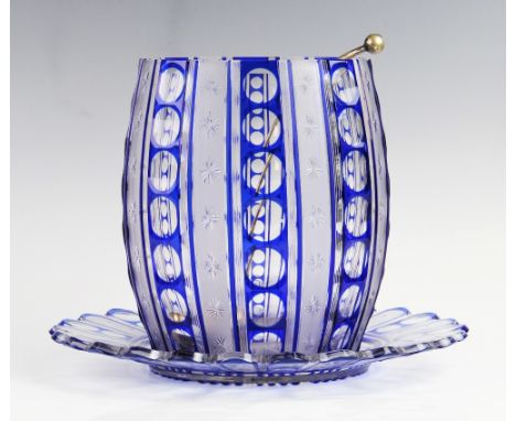 An early 20th century blue flashed cut glass punch bowl and stand with associated EPNS ladle, 24cm high For condition informa