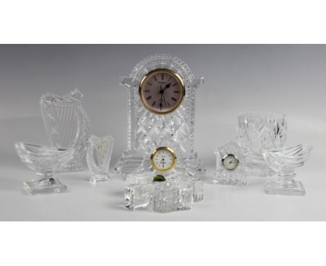 A Waterford Crystal mantel clock, 18.5cm high, with further Waterford Crystal ornaments comprising: a large harp, a small har