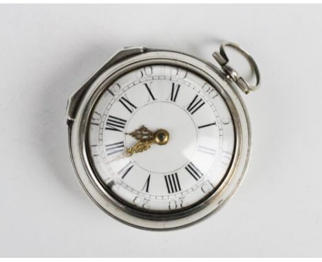 A Georgian pair cased verge pocket watch, the circular white ceramic dial with Roman and Arabic numerals, pierced scroll desi