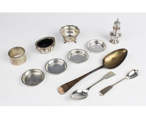 A selection of silver tableware to include four silver nut dishes by Stokes & Ireland Ltd, Chester 1938-39, each 5.8cm wide, 