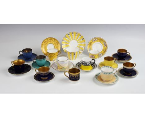 A collection of Royal Worcester cabinet cups and saucers, to include; jewelled examples, yellow, cobalt and powder ground exa