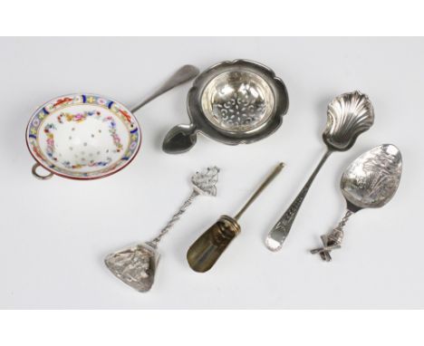 A 19th century white metal sugar scoop, marks for 'CB' (possibly by Charles Boyton), 10.7cm long, a George IV silver teaspoon