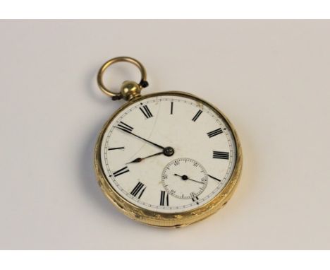 A Victorian 18ct gold open face pocket watch, the white enamel dial with Roman numerals and subsidiary seconds dial to six o'