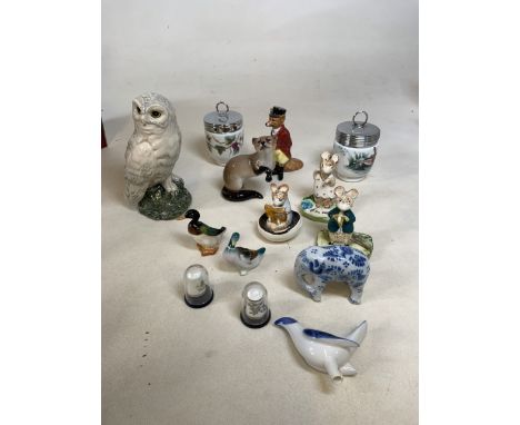 Three Beswick Kitty MacBride figurine together with a Royal Doulton Snowy Owl decanter, Royal Doulton Ducks, A Royal Worceste