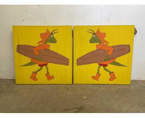 Two hand painted canvases depicting grasshoppers with fold up hopper boats.W:83cm x H:84cm