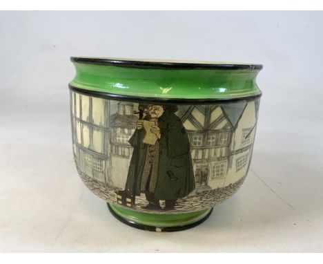 A Royal Doulton China planter with Victorian scenes.  Flaking glaze on interior of the bowl and to the top outer rim. Chip to