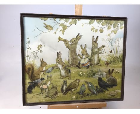 A vintage Margaret Tarrant print - Wandering Minstrels in original decorative glazed frame W:56cm x H:46.5cm