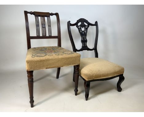 A Victorian low chair also with a Victorian tapestry seated mahogany dining chair.