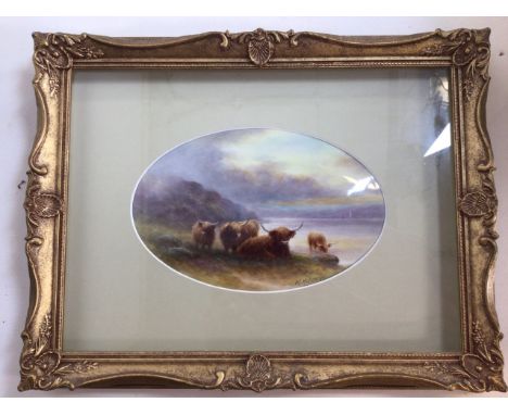 A hand painted convex ceramic tile by ex Royal Worcester artist Milwyn Holloway of highland cattle in rebated gilt frame.Tile