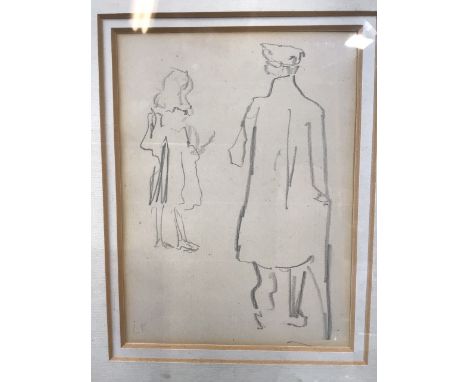 Dame Laura Knight RA RWS (British 1877-1970). Pencil sketch of two figures in glazed frame.  Monogram to bottom left. Image s