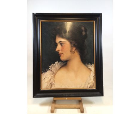 A young beauty by Eugen Von Blass a large canvas print in black and gilt frame.                  W:77cm x H:93cm