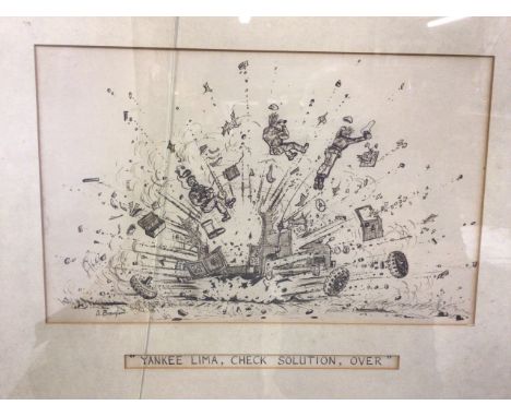 A.Brouglam, British. A mid century original pen and ink army sketch. W:33cm x H:20cm