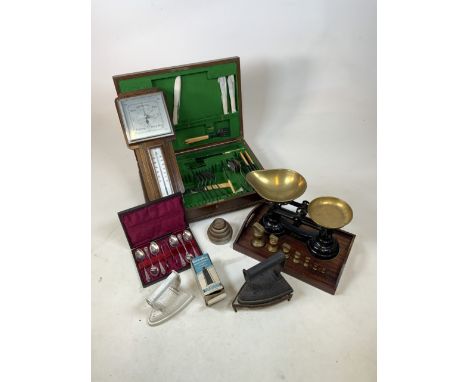 Assorted kitchenalia to include scales, weights and cutlery. Barometer untested. 