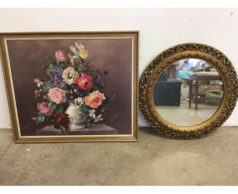 A modern circular gilt mirror and a floral print by Howard Clayton. Print size W:71cm x H:62cm