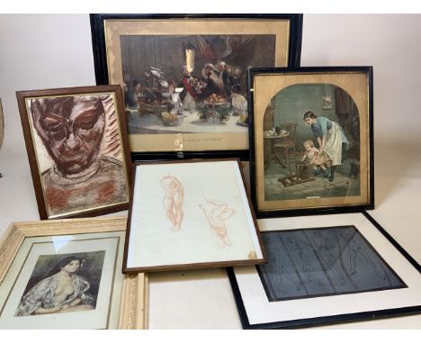 Six framed and glazed paintings including a print of The Toast is Britain from a painting by Fred Roe, 78cm width x 58.5cm he