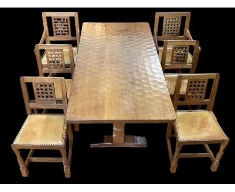 Robert Thompson of Kilburn 'Mouseman' adzed oak refectory dining table and six lattice panel back dining chairs including pai