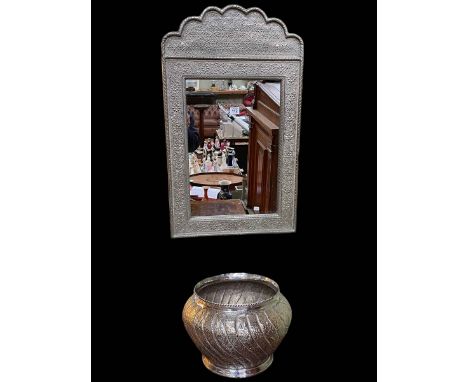 Middle Eastern silvered mirror and a silver plated jardiniere.