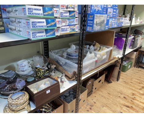 Collection of china (inc Celtic Pottery Bull) and glass, teaware, pictures, projector, nest of oak tables, boxed cutlery, she