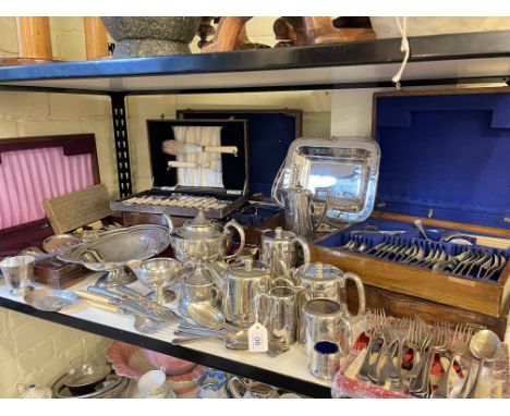 Large collection of silver plate including part canteens, teaware, swing handled basket, etc.