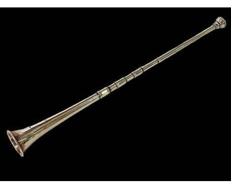 Silver hunting horn by Sampson Mordan & Co, Chester 1911, 30.5cm length.