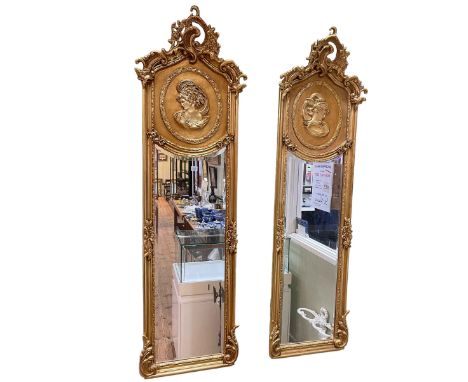 Pair rectangular gilt framed lady portrait bevelled wall mirrors, 178cm by 53cm.