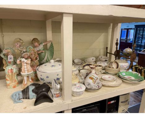Five coloured bisque figures, Royal Worcester soup bowls and saucers, various china, pair of metal andirons, etc.