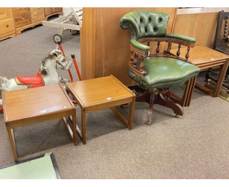 Green buttoned leather Captains style swivel desk chair, G Plan teak nest of three tables and pair Sunelm teak lamp tables (4