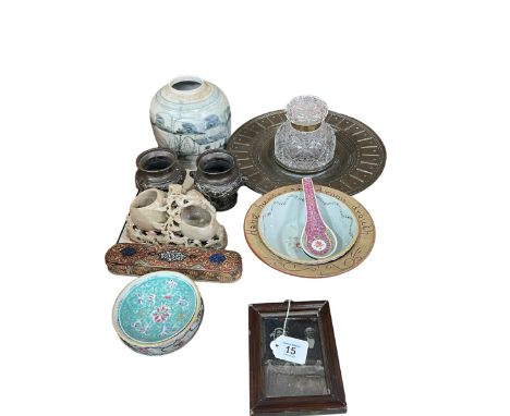 Chinese ginger jar, pair of Japanese bronze vases, bronze and glass inkstand, etc.