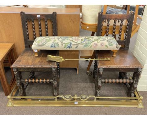 Pair carved oak bobbin back hall chairs, tapestry double footstool, brass fender and ash shovel (5).