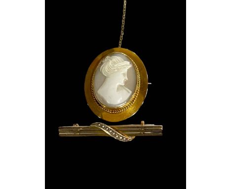 Oval female portrait cameo 9 carat gold brooch with safety chain, and 9 carat god and seed pearl bar brooch (2).
