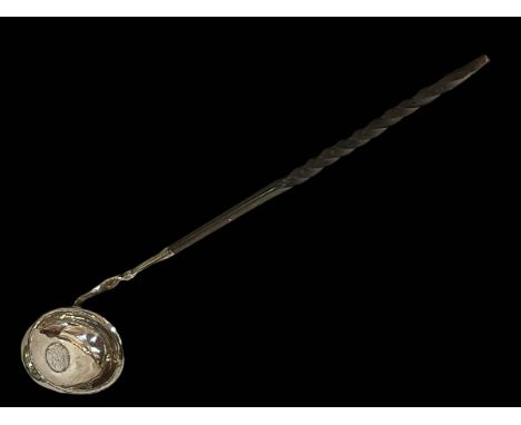 Georgian silver tody ladle, with coin inset bowl, 33cm length.