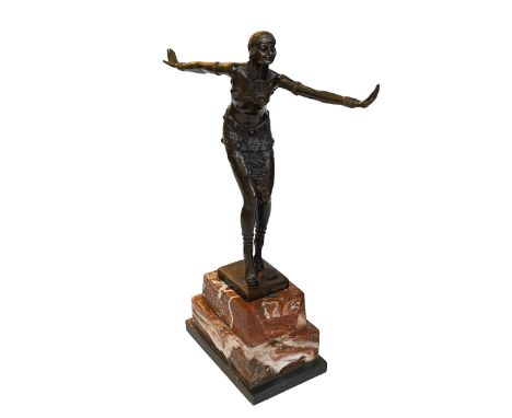 Art Deco style bronze figure of a dancer on marble plinth, 49cm.