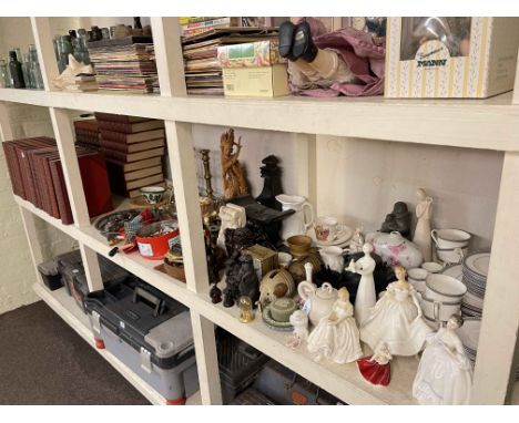 Royal Doulton figures and tableware, metalware, ebonised wall bracket, African stool, Encyclopedia Britannica, etc.