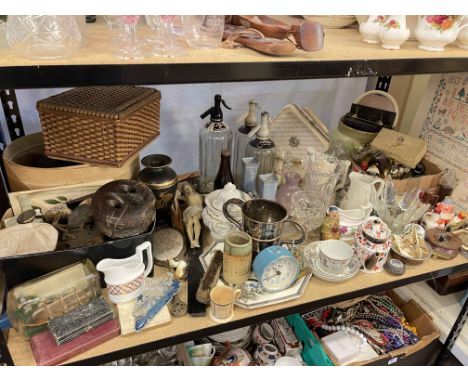 Soda siphons, spirit miniatures, postal scales, glassware, metalwares, Victorian jugs, fishing reel, etc.